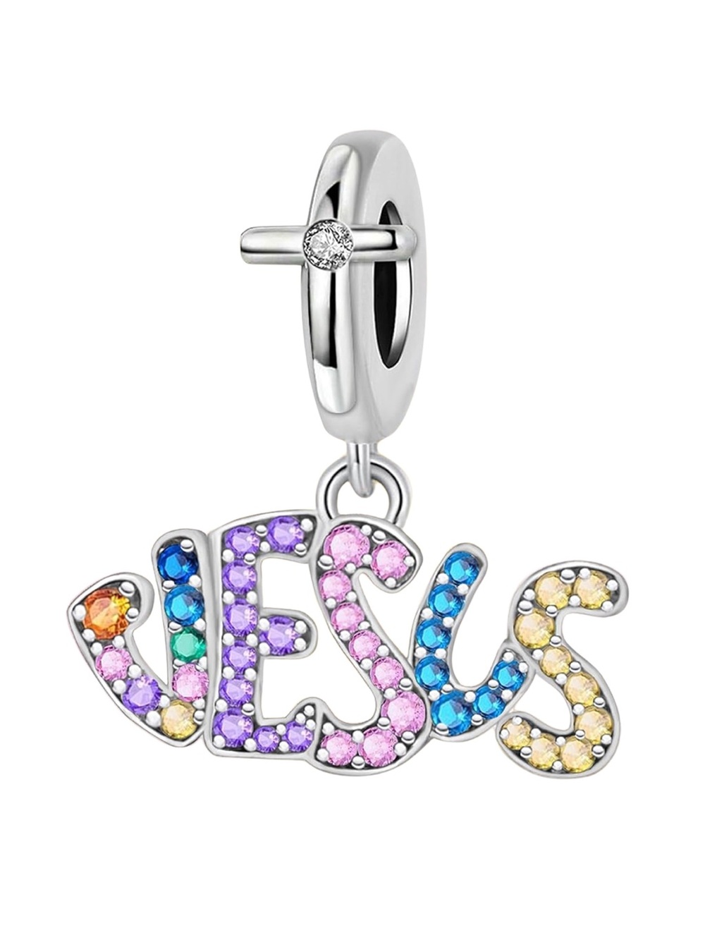 925 Jesus Rainbow CZ Dangle Charm Multicolor Christian Faith Jewelry